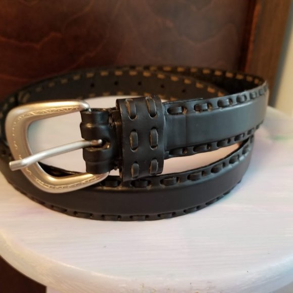 Stone Mountain Black Italian Leather Eurometal Silver Engraved Buckle, Size 36